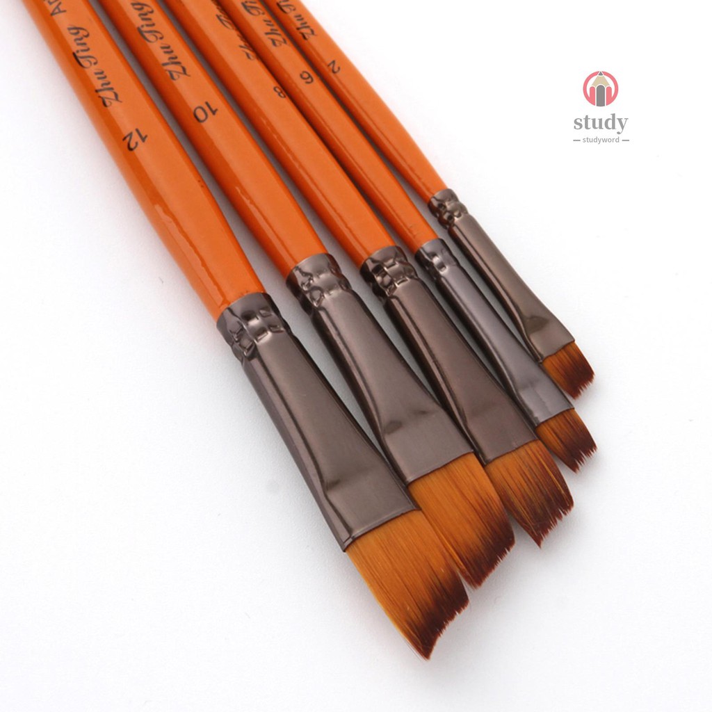 Study&W Professional Paint Brushes Set 5pcs Artist Paintbrush Nylon Hair Wooden Handle for Acrylic Oil Watercolor Gouache Nail Face Art Craft Painting, Angular Tip