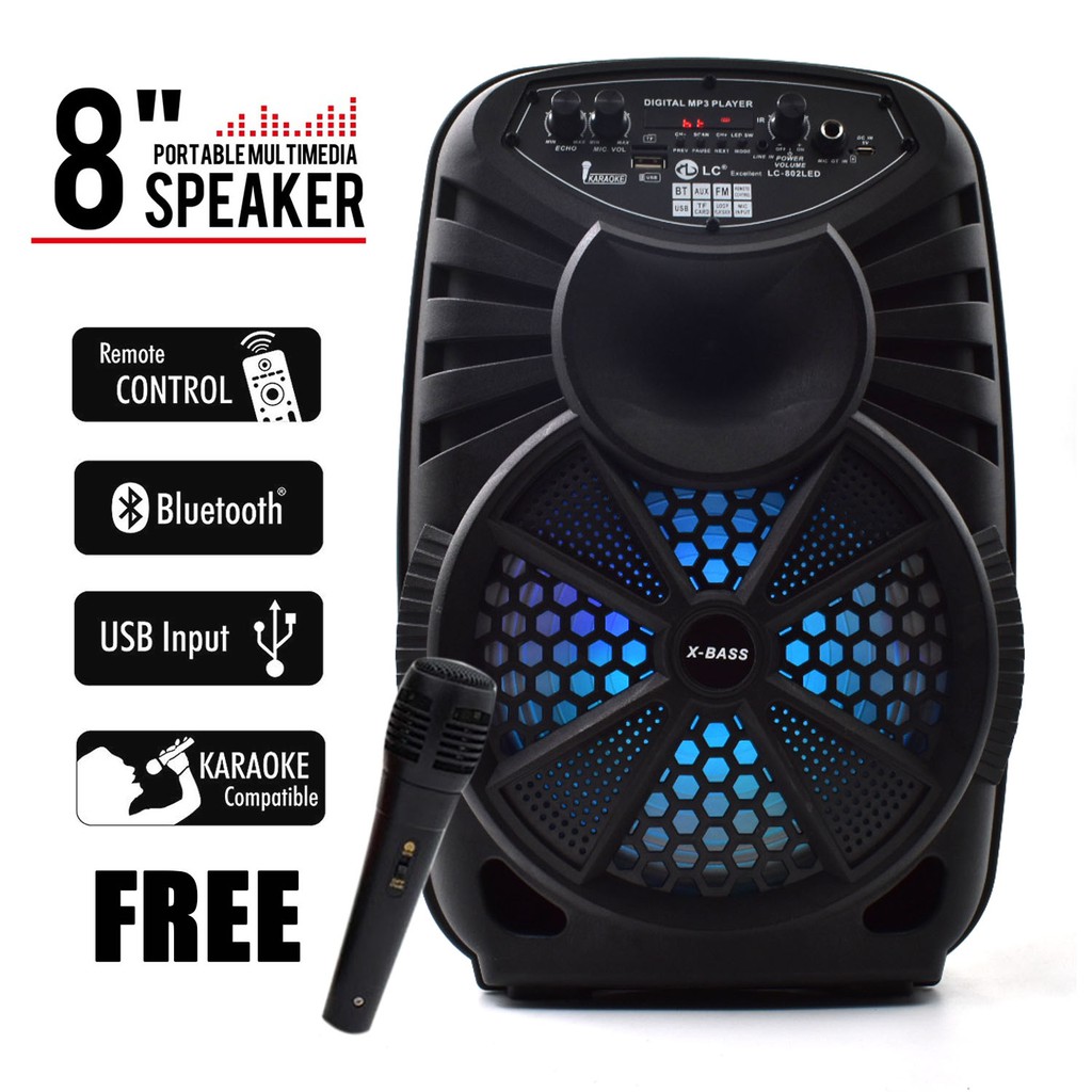 NEW Super Bass 8inches Bluetooth Speaker with free mic 802LED Shopee