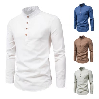 Long Sleeve Chinese Collar Polo for Men Cotton 4 Colors SIze M to XL