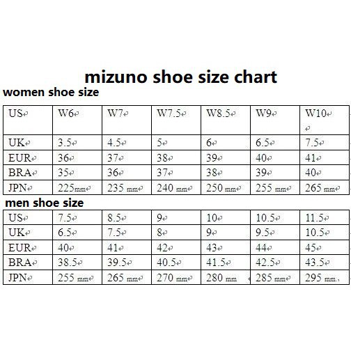 mizuno shoe size chart