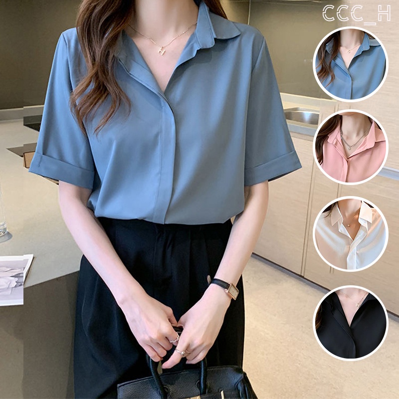 [SHIP IN 1 DAY!] Short Sleeve Blouse For Women Casual Chiffon Plain Buttoned Crop Top #5
