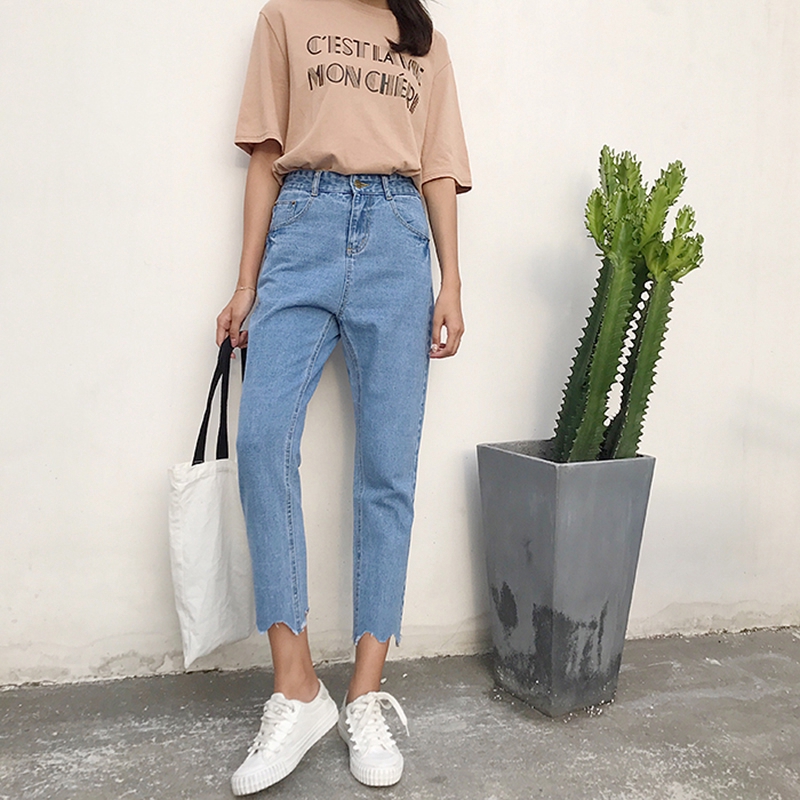 Korean Fashion Light Blue High Waist Jeans Women Casual Slim Ripped Jeans Straight Pants Shopee Philippines