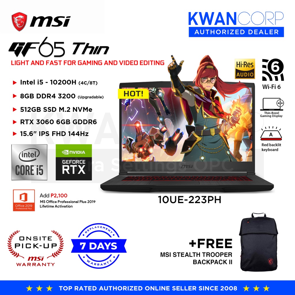 Msi Gf65 Thin 10ue 223ph Intel I5 8gb Ram Rtx3060 512gb Ssd 156 Ips Fhd 144hz Gaming Laptop 