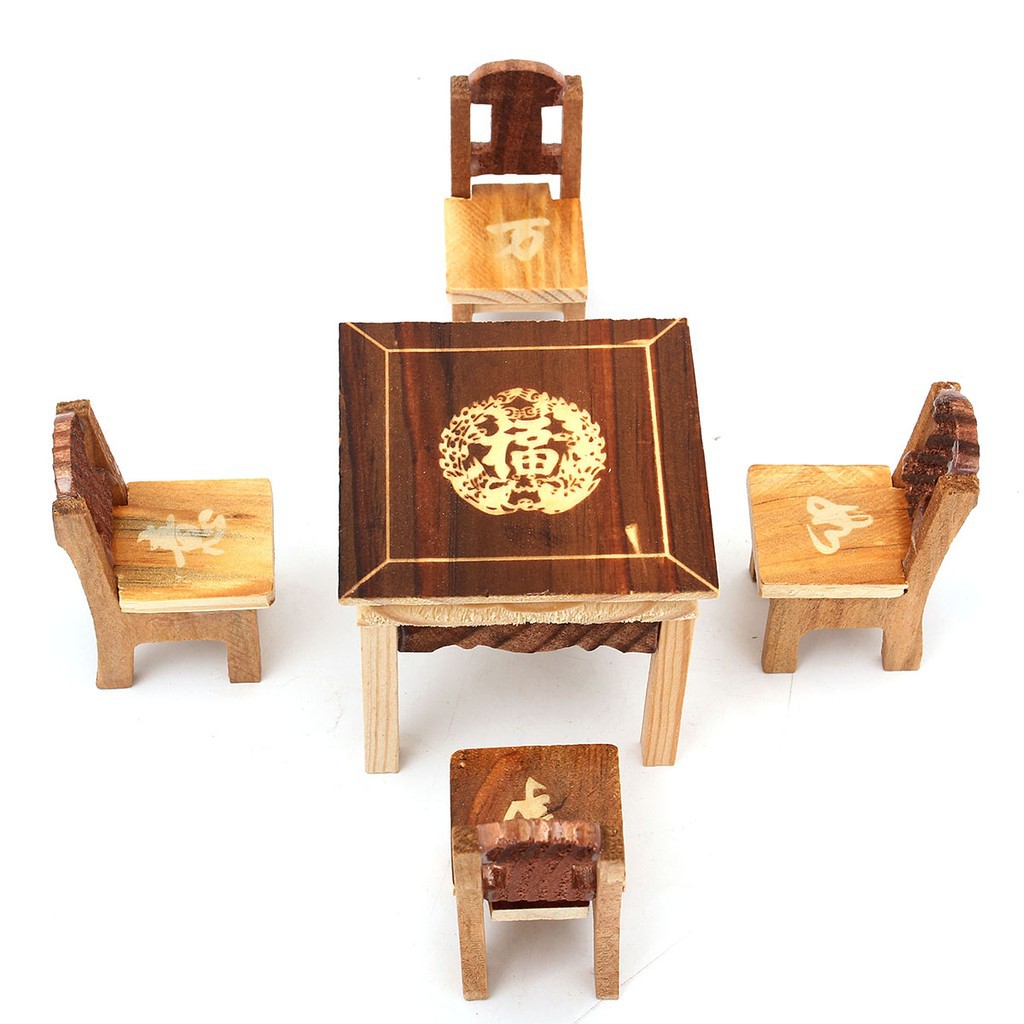 1pc Table /& 4pcs Chair Wooden Dollhouse Miniature Furniture Mini Dining Room Toy