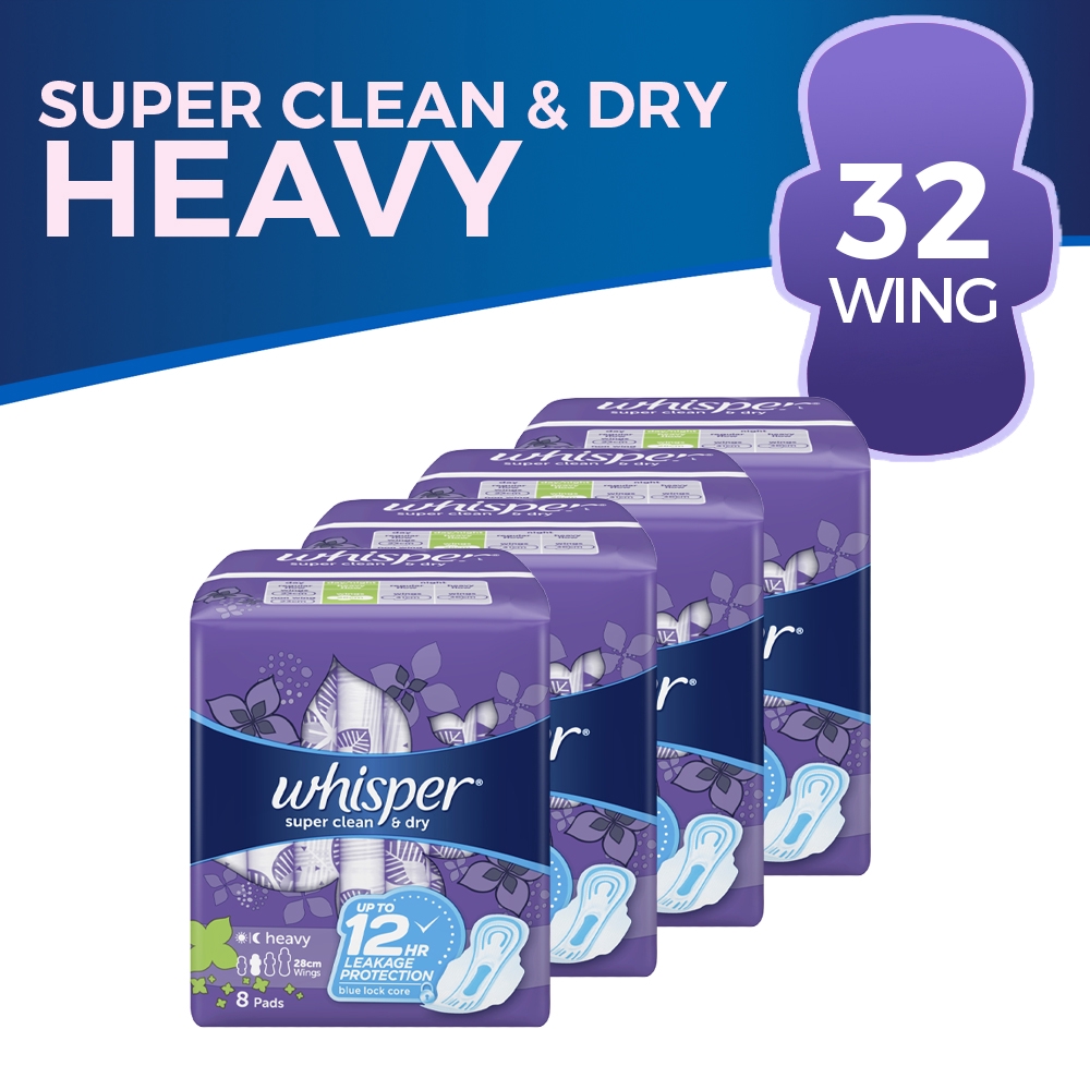 Whisper Super Clean & Dry Heavy Flow / Overnight Wings 8 Pads Sanitary