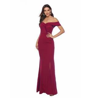 Off Shoulder Slit Maxi Dress  Women Burgundy  Formal  Dress  