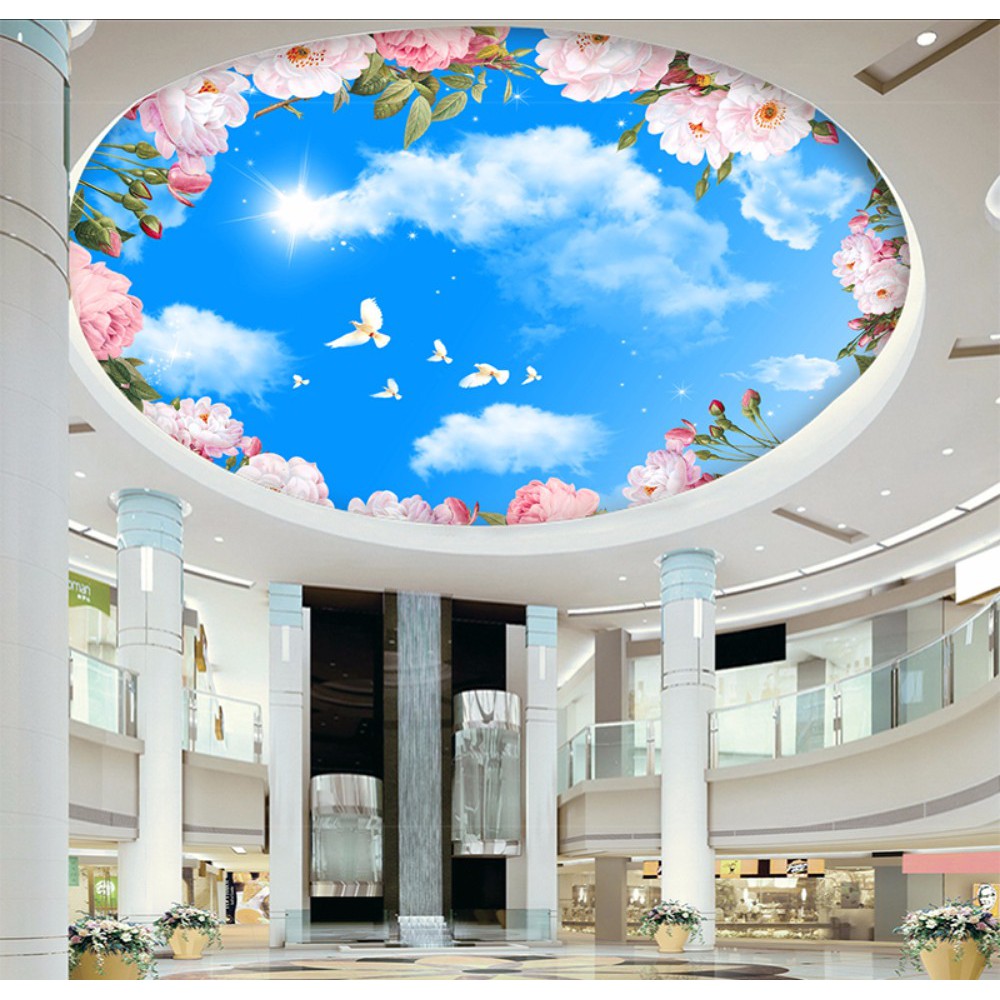 Mural Wallpaper Sticker Blue Sky White Cloud Pink Floral Ceiling