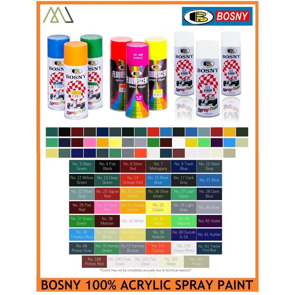 A 3 30 Bosny 100 Acrylic Spray Paint Assorted Colors Shopee