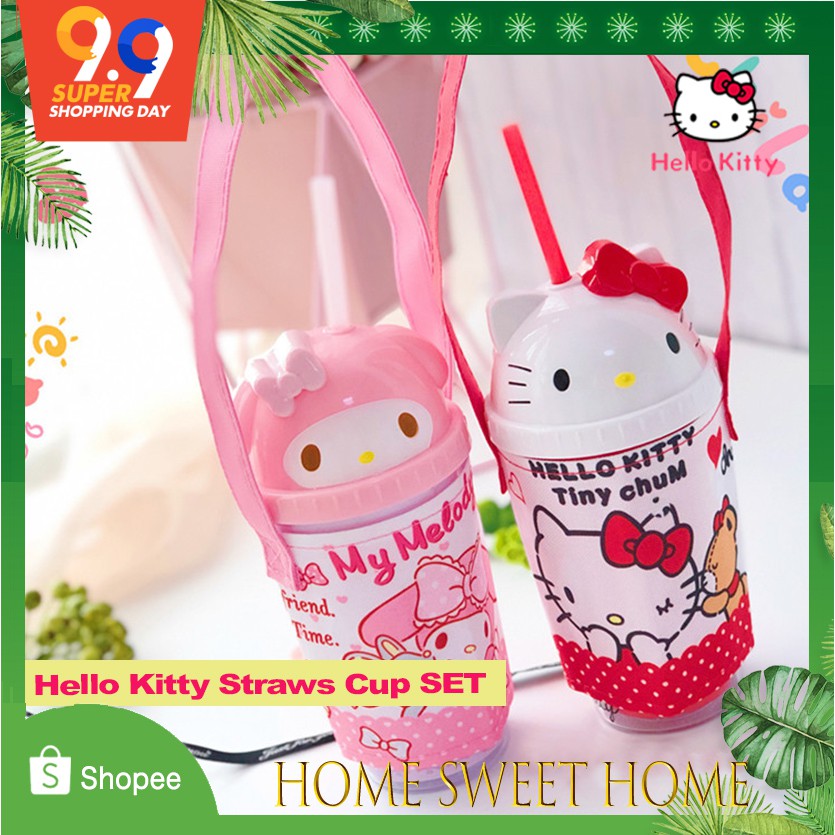 Hello Kitty Straws Cup Cover Bag Set Leakproof Portable Cover Beverage