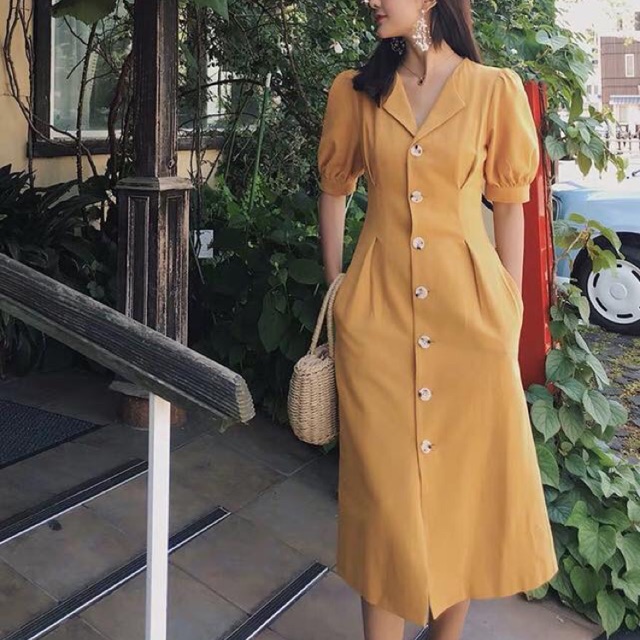 yellow button front dress