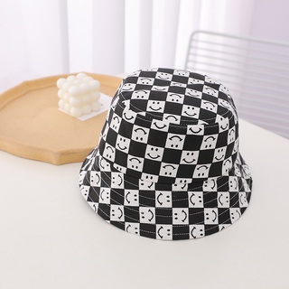 Chessboard lattice smiling face fisherman hat children's street shooting trend basin hat retro travel sunshade hat girl #7