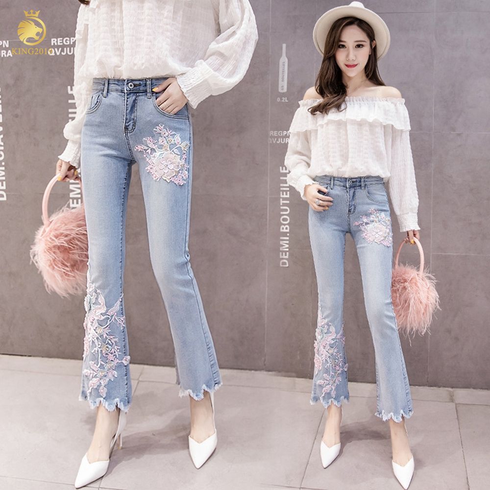 Korean Style Jeans Embroidery Beading Stretchy Skinny Jeans High ...