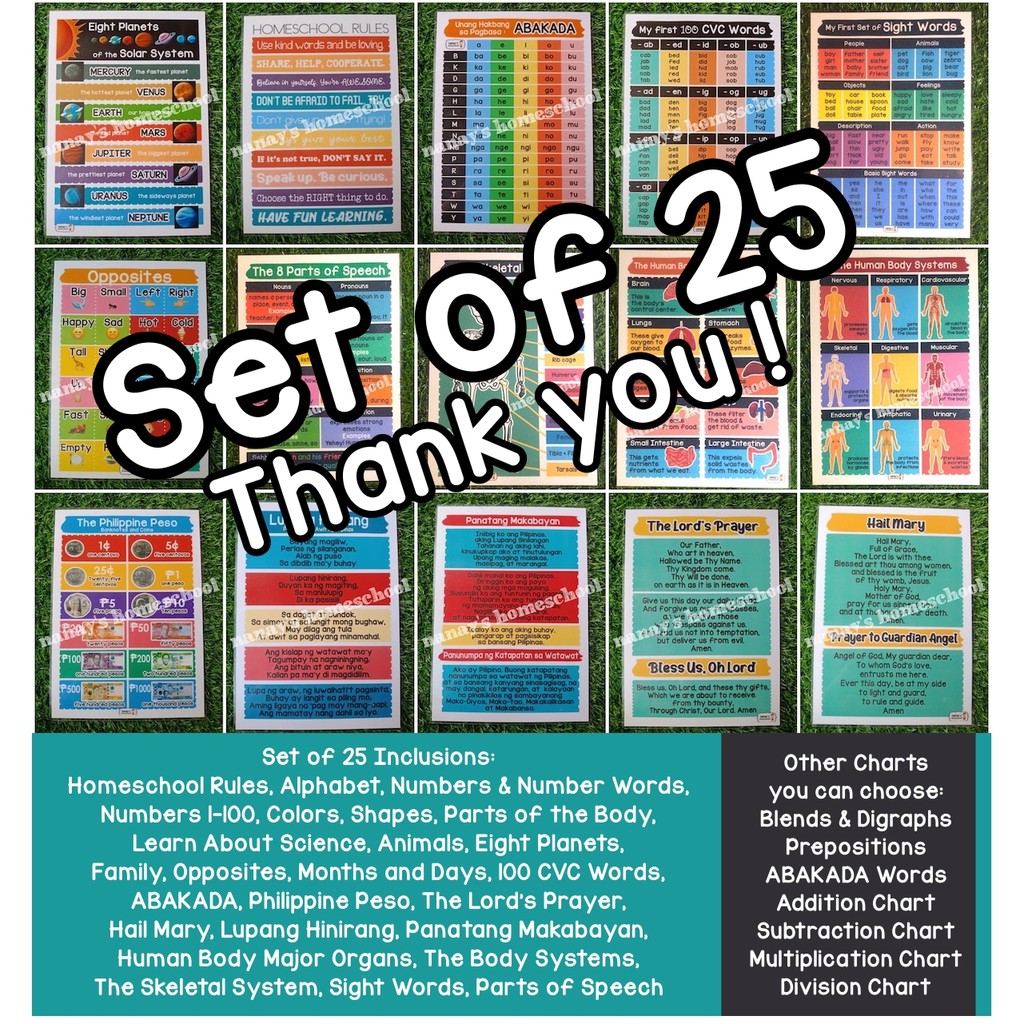 Laminated Educational Charts Set of 15, 20, 25, 30 Homeschool Charts