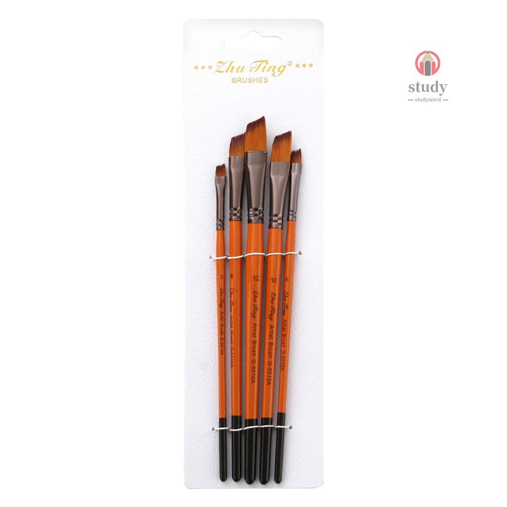 Study&W Professional Paint Brushes Set 5pcs Artist Paintbrush Nylon Hair Wooden Handle for Acrylic Oil Watercolor Gouache Nail Face Art Craft Painting, Angular Tip