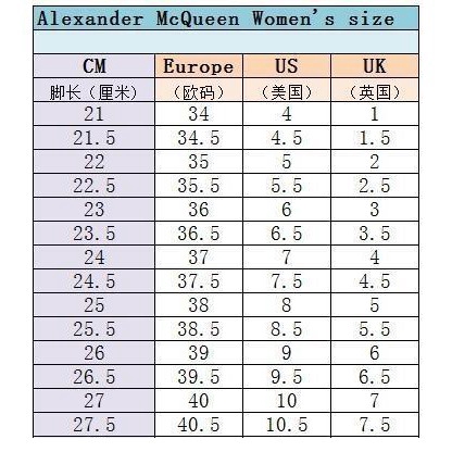 Alexander McQueen Shoes Size Chart Guide Conversion