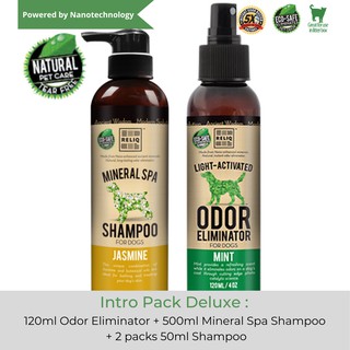 Grooming Starter Bundle : 120ml Odor Eliminator + 500ml Mineral Spa Shampoo + 2 packs 50ml Shampoo