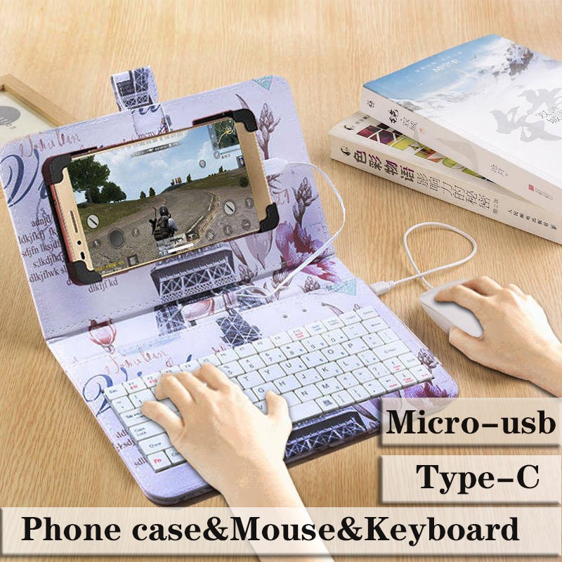 Portable TypeC/MicroUsb Wired Keyboard Mouse Set with Leather Cove