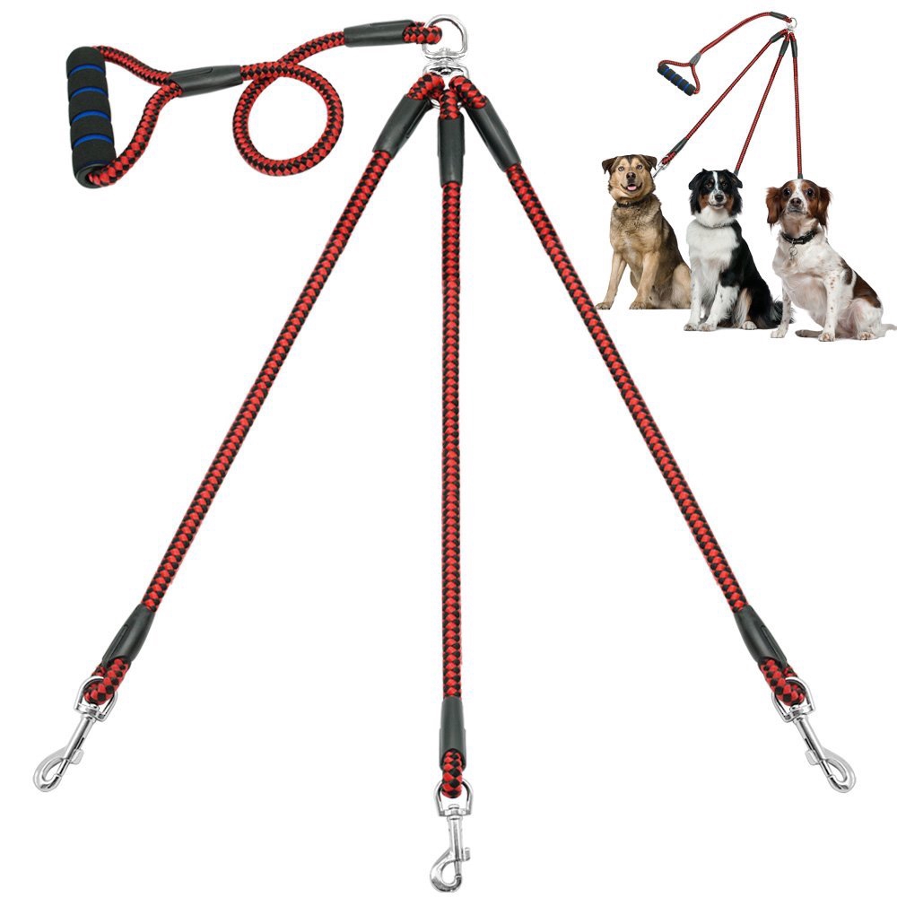 Nylon 3 Way Dog Leash Pet Triple Coupler Lead Adjustable Training for Walking 