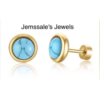 jem: 316L GoldTone Round Cut Turquoise Bezel Stud Earrings with Screw-Type Lock- 8mm #3
