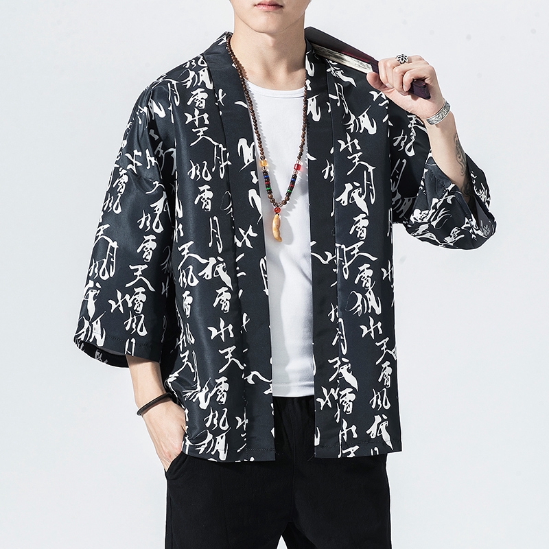 Mens Letter Printed 3/4 Sleeve Kimono Style Beach Shirts Shopee Philippines