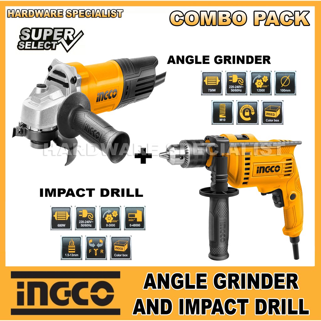 Ingco Combo Pack Angle Grinder 750W AG750282 and Impact Drill 680W ...