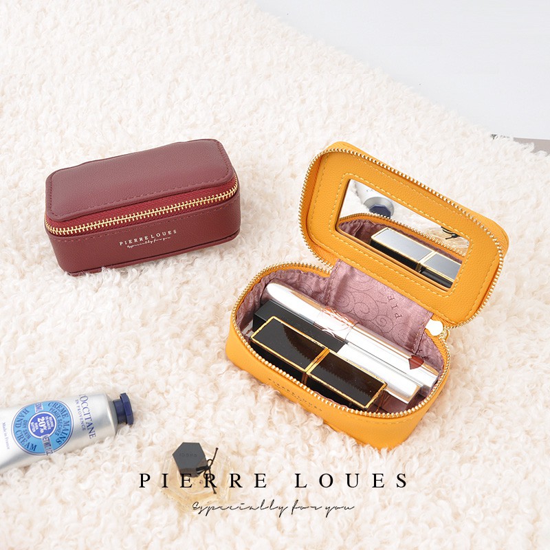 Lipstick Cosmetic Bag With Mirror Makeup Bag Travel Pouch Organizer Leather Portable Case