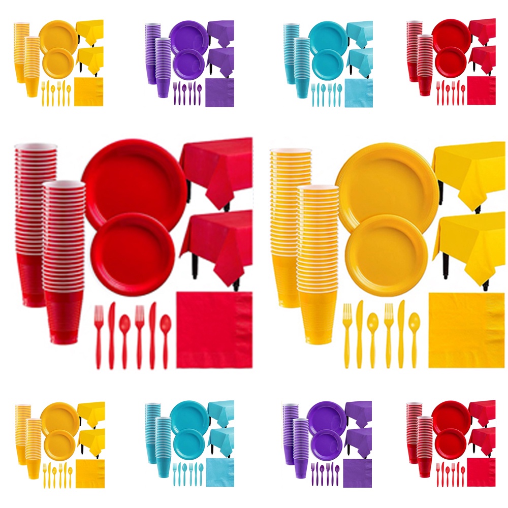 Solid Color Disposable Party Tableware Set Paper Cups Plate Wedding ...