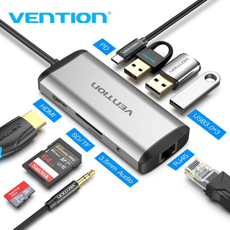 Vention Usb C Hub In Type C Hub Usb C To Hdmi Rj Usb Mm Pd Otg Type C To Sd Tf Cards