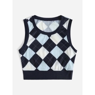 SheIn Womens V Neck Plaid Print Sweater Vest Sleeveless Rib-Knit Crop Tank Tops 