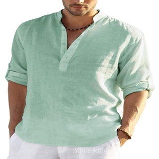 Men's Cotton Linen Henley Shirt Long Sleeve Hippie Casual Beach T Shirts Lnh7 #5