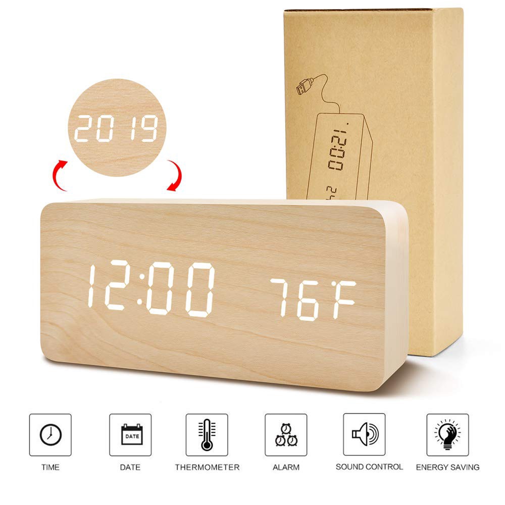 Wooden Digital LED Alarm Clock with Temperature Sounds Calendar Control USB/AAA 