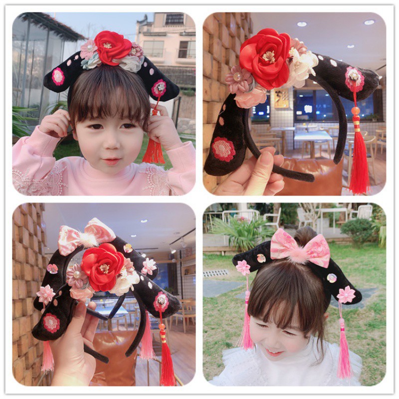 Bobora New Year's Chinese Style Flower Tassel Lattice Hair Ornament Children's Hair Hoop Tang Suit Headband