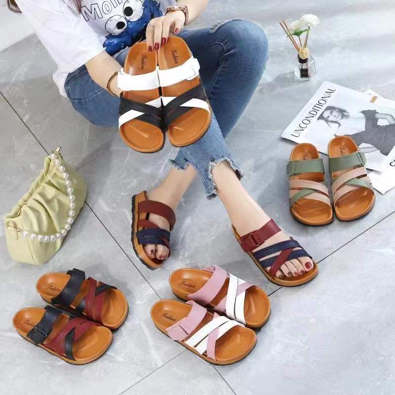 ST&SATKorean Sandals Flat Slippers Cross Strap Velcro (add 2 size bigger)