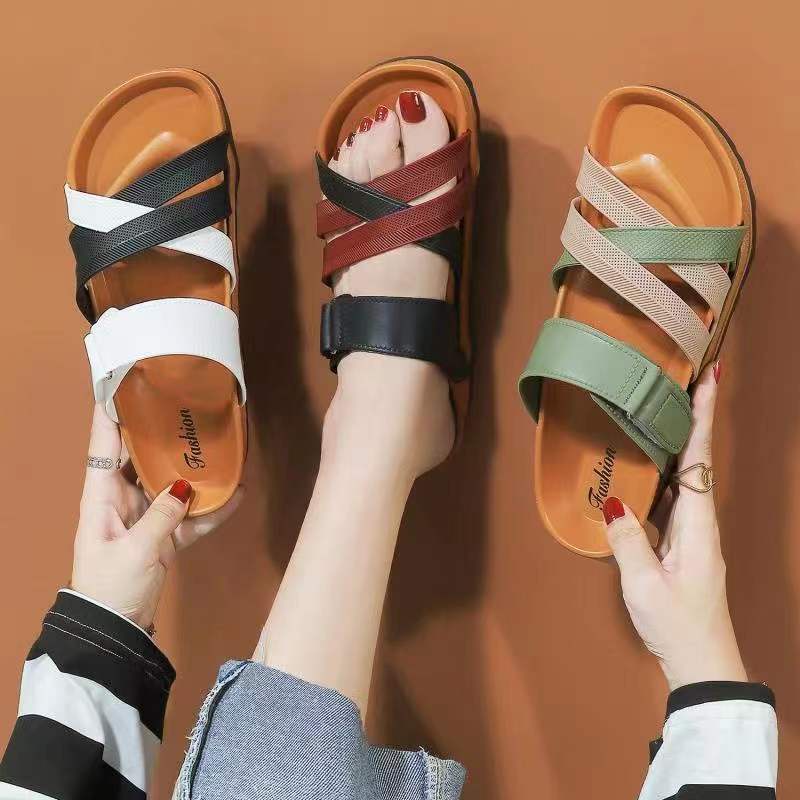 ST&SATKorean Sandals Flat Slippers Cross Strap Velcro (add 2 size bigger)