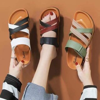 SK Korean Sandals Flat Slippers Cross Strap Velcro (ADD 2 SIZE BIGGER)