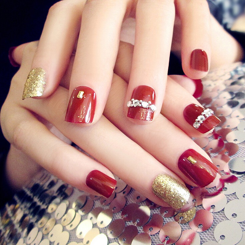 Gifts 24Pcs Red & Gold Short False Nails With Stickers Acrylic Nail Art |  Shopee Philippines