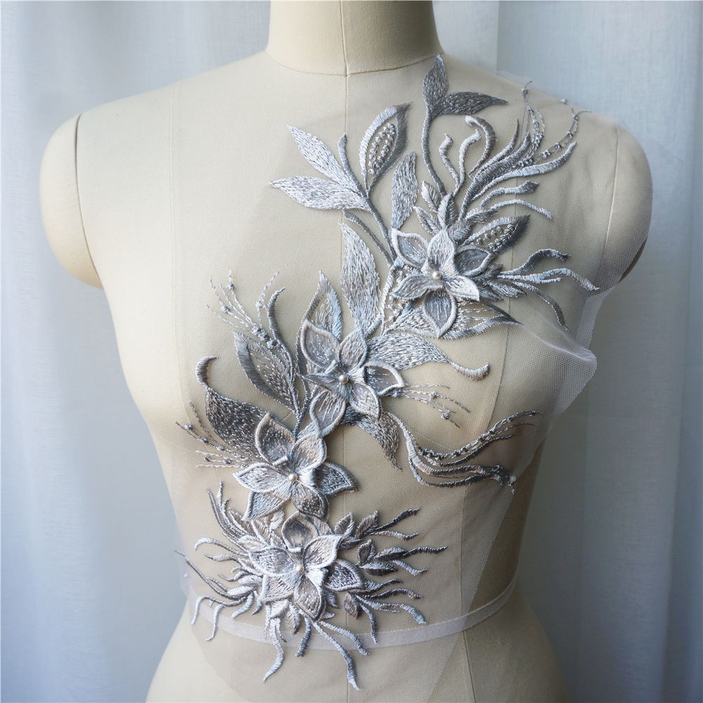 Silver Embroidery Lace Applique Sewing Beads Flower Fabric Collar