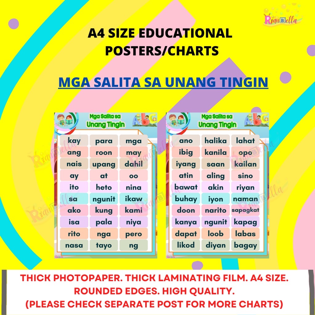 Tagalog Pagbasa Mga Salita Sa Unang Tingin 2 Charts Bundle Presyo Lang ₱80