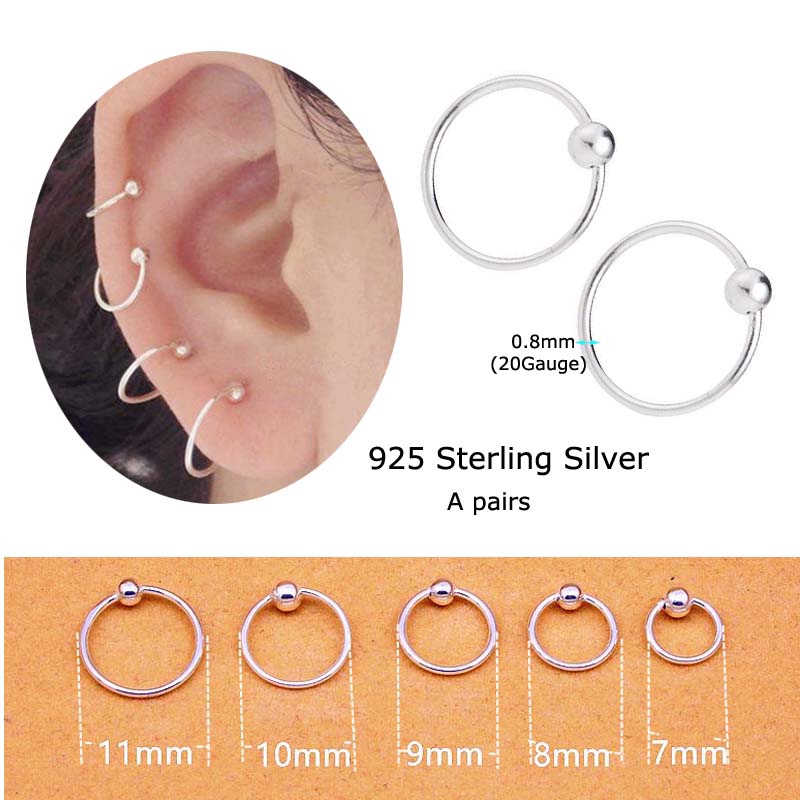 A Pairs 925 Sterling Silver Hoop Earrings Captive Bead Ring Nose Ear