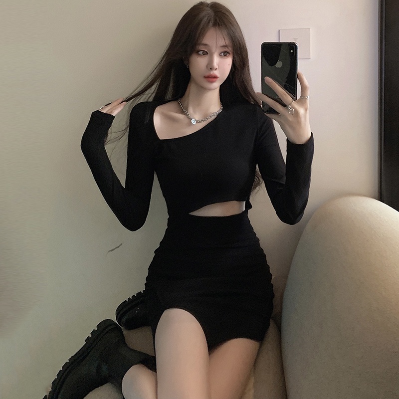 Black Tight-Fitting Dress Autumn New Style Women's Diagonal Collar Long ...