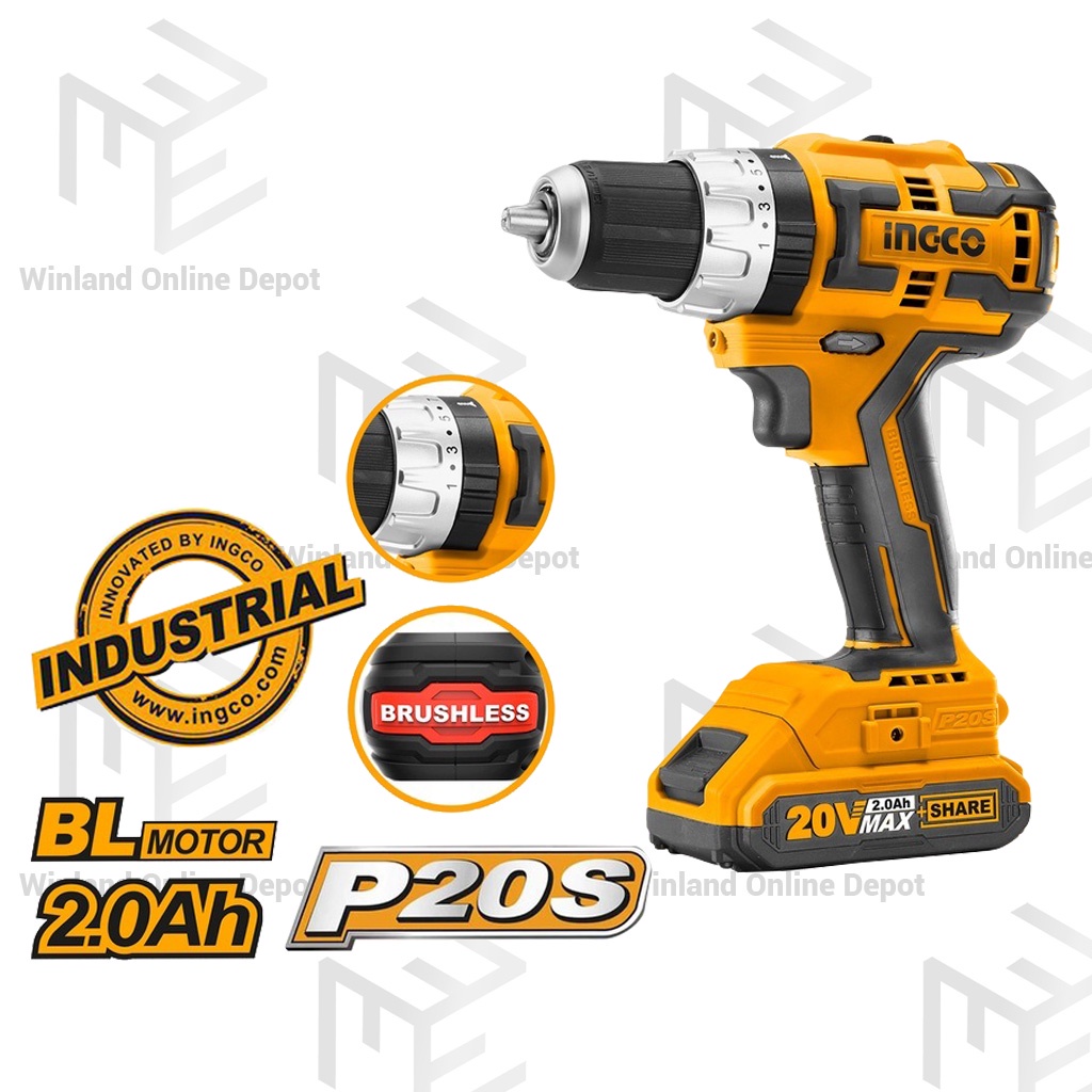 Ingco Tools Original LithiumIon Cordless Brushless Impact Drill 20V