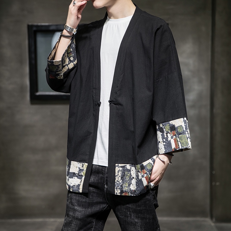 Chinese Style Kimono Cardigan Men Splicing Printed Long Black Kimono