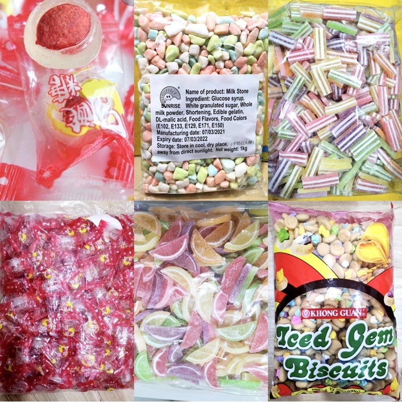 Filled Mallows, Kiamoy Candy, Milk Stones, Iced Gems, Eraser Gummy