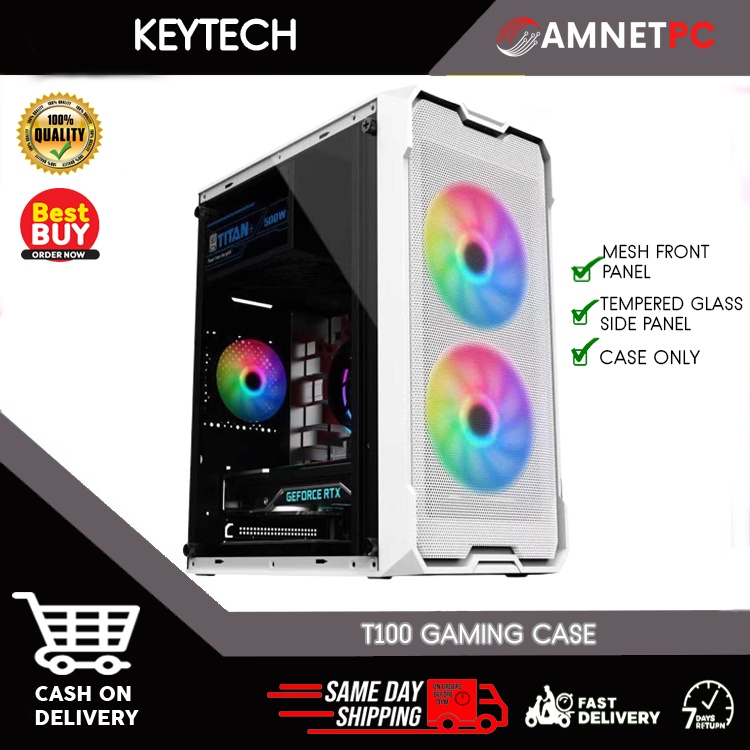 KEYTECH T100 TEMPERED GLASS Side MESH Front panel, Gaming PC Case Black ...