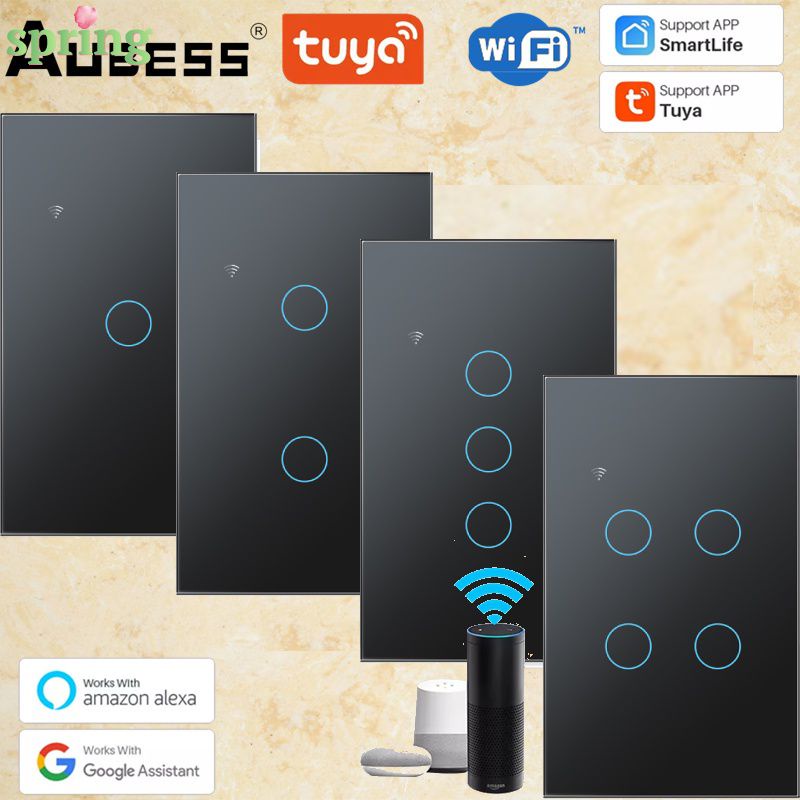 4 Gang Tuya WiFi Smart Switch Universal Glass Screen Touch Panel Light Switch Work with Smart