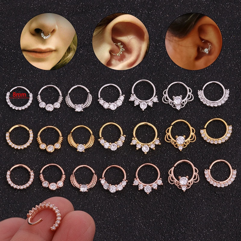 1Pc 8mm Open Hoop Daith Earring Cz Cartilage Rook Earring Septum Ring