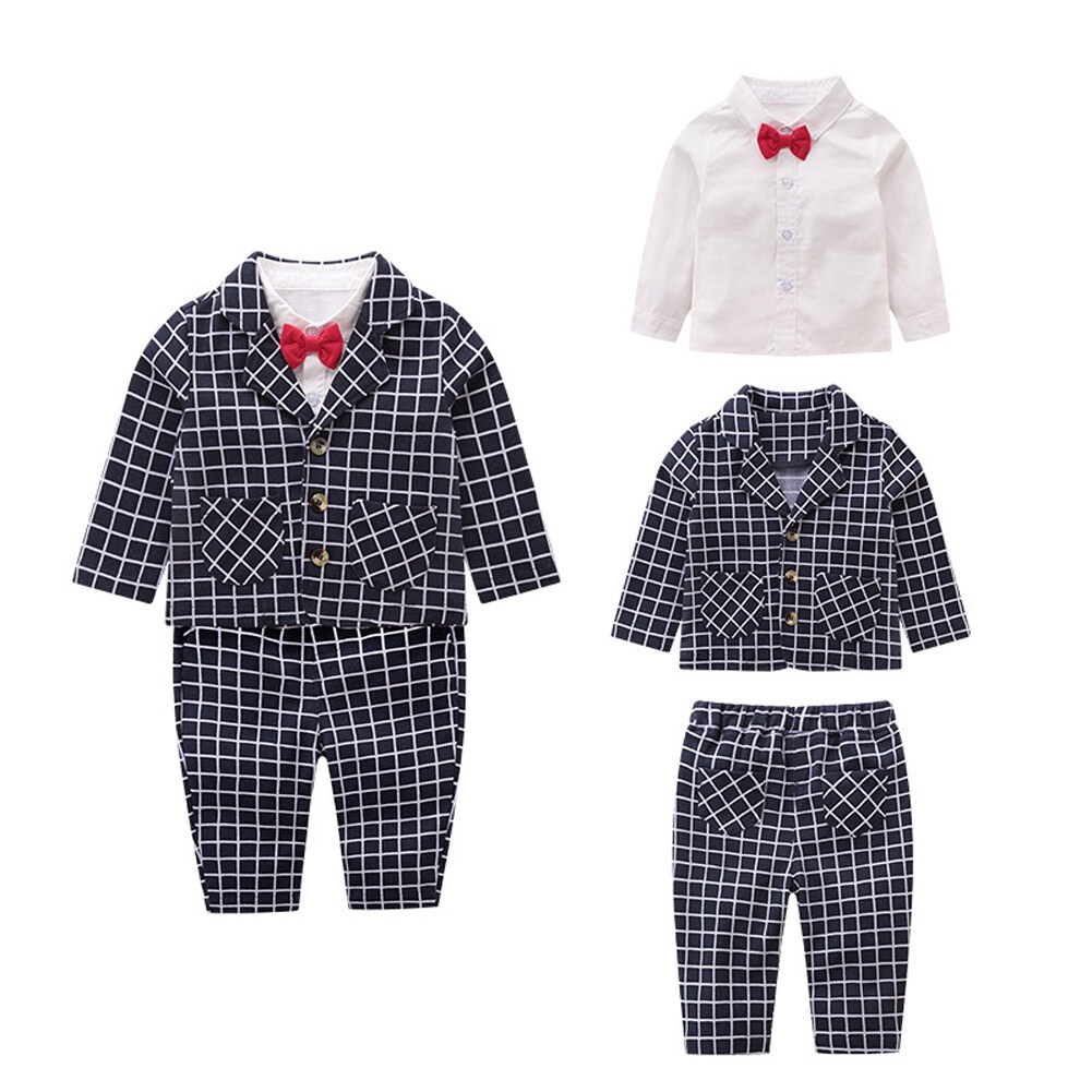 Newborn Baby Boys Gentleman Suit Formal Plaid Blazer Jacket Pants Bow