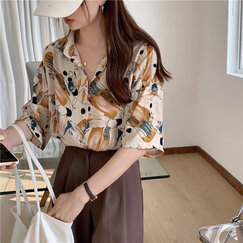 【24H delivery】QIEQING short sleeve blouse for women printed casual ...