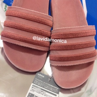 pink velvet adidas slides