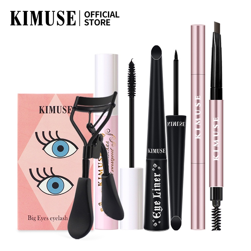KIMUSE Double-head Waterproof Eyebrow Pencil+Volum Express Mascara+ Liquid Eyeliner+ Eyelash Curler 4PCS/set #8